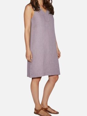Tahari 100% Linen Lilac Midi Dress S Sleeveless Pockets Pearl Button Detail
